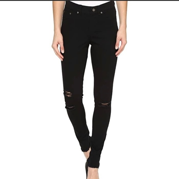 Hue Jean Leggings Ripped Ankle Slit Denim Black Wash Size Small - Picture 1 of 11